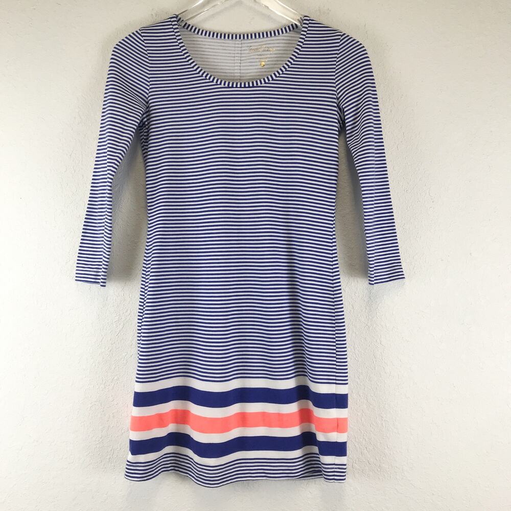 Lilly Pulitzer Beacon Dress Scoop Neck Blue White Stripe Nautical Beach Size XXS